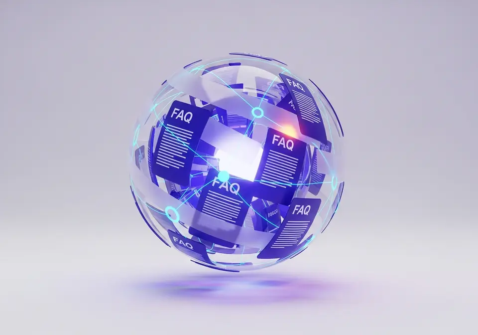 A glossy 3D sphere of glowing knowledge documents and neural links