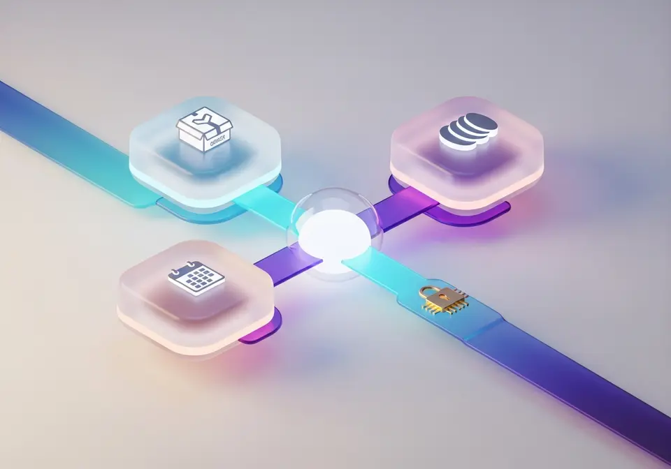 Three glossy 3D data nodes connected by glowing secure data ribbons