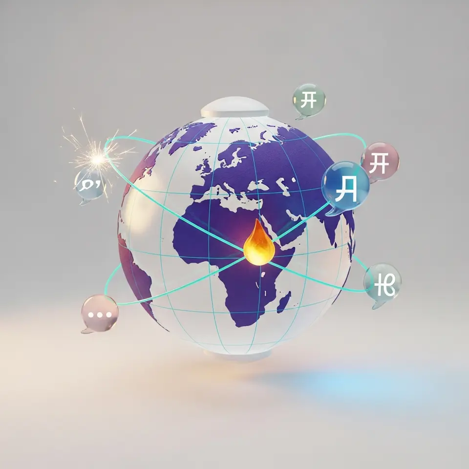 A glossy 3D globe with floating multilingual chat bubbles
