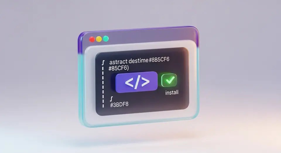 A glossy 3D code window showing a one-line install snippet