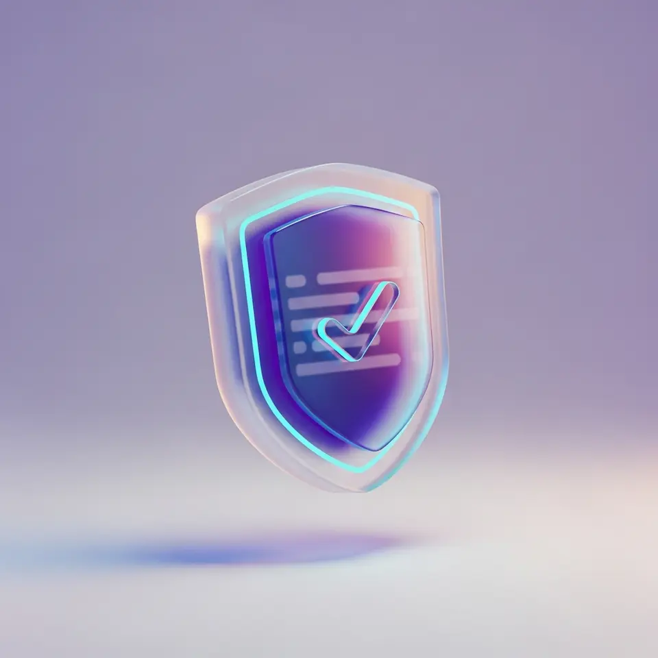 A glossy translucent 3D shield with a soft checkmark, suggesting security