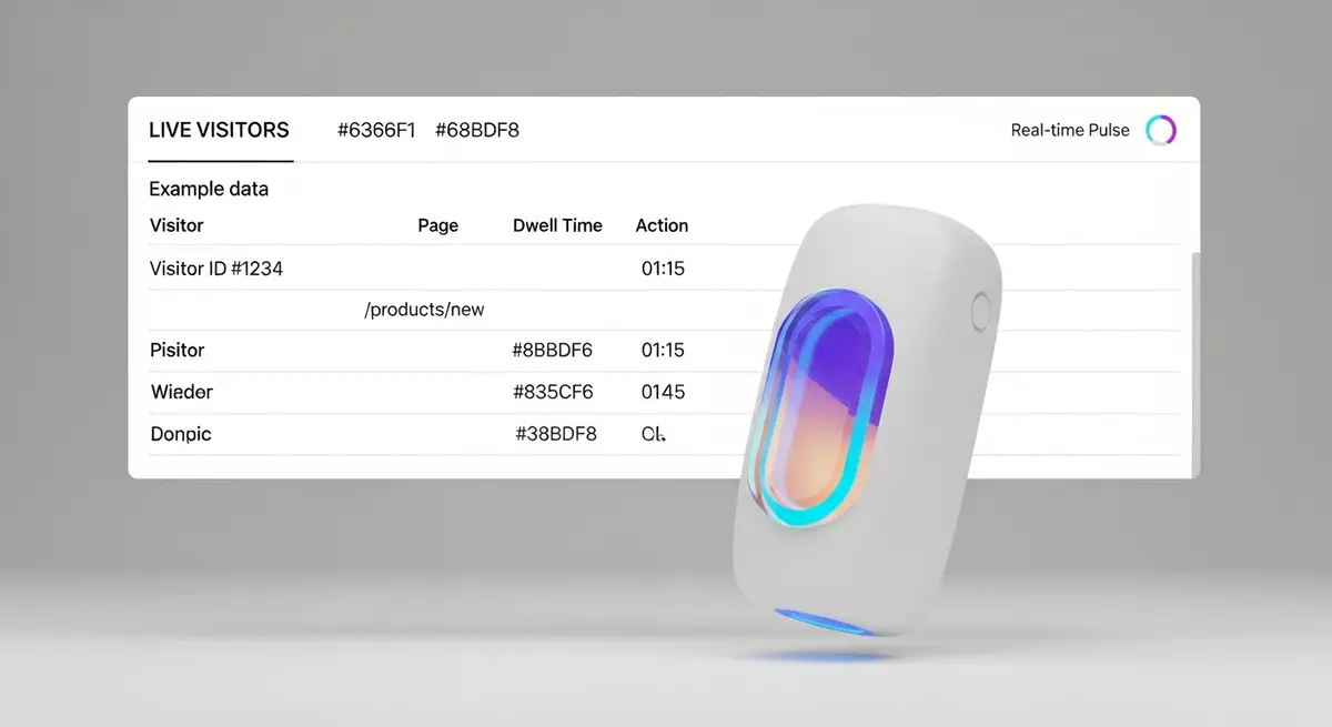 A light-theme live visitors view with a real-time table